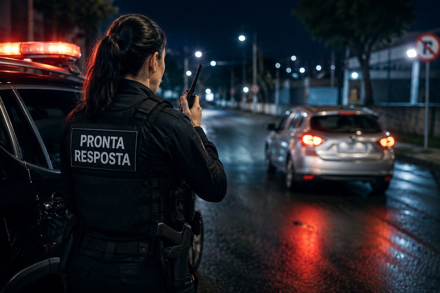 Agente do Pronta Resposta ACHEI em atendimento noturno, ao lado da viatura com giroflex ligado, acompanhando um veículo na via